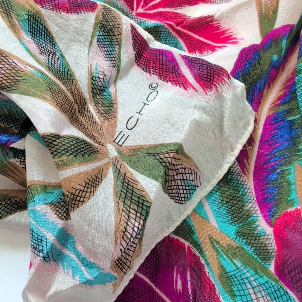 ECHO Silk Scarf‎ Floral Design 52x11 Colorful Bright Pink Blue Vacation Classy